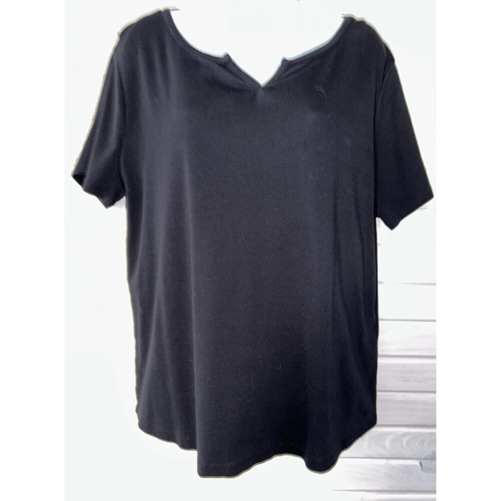 by Chico's Sz 3 (XL) Black 100% Cotton Split Neck Tee Short Sleeves EUC